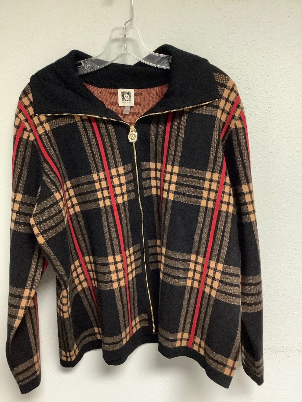 Anne Klein Black Plaid Zip Cardigan with Tan and Red Stripes